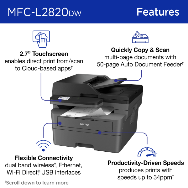 slide 4 of 8, Brother Mfc-L2820Dw Compact Wireless Laser Monochrome All-In-One Printer, 1 ct