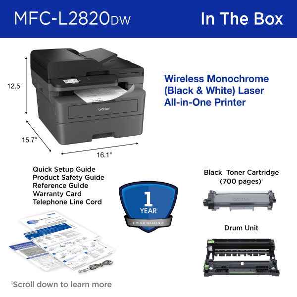 slide 8 of 8, Brother Mfc-L2820Dw Compact Wireless Laser Monochrome All-In-One Printer, 1 ct