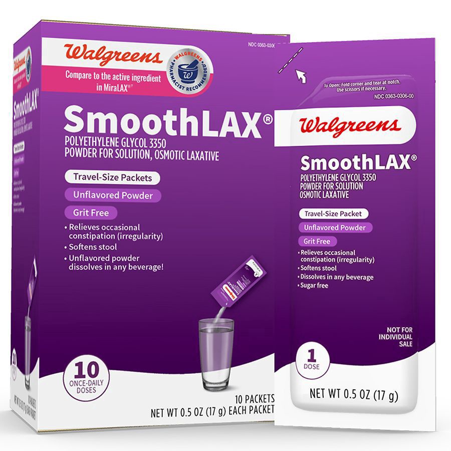 slide 4 of 5, Walgreens SmoothLax Polyethylene Glycol 3350 Powder for Solution, 10 ct