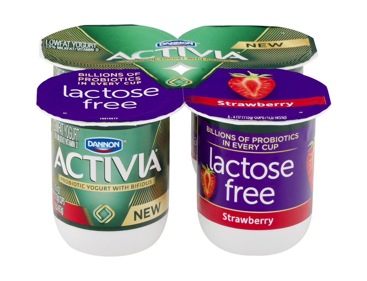 slide 1 of 5, Dannon Activia Lactose-free Blended Strawberry Probiotic Yogurt, 4 ct; 4 oz