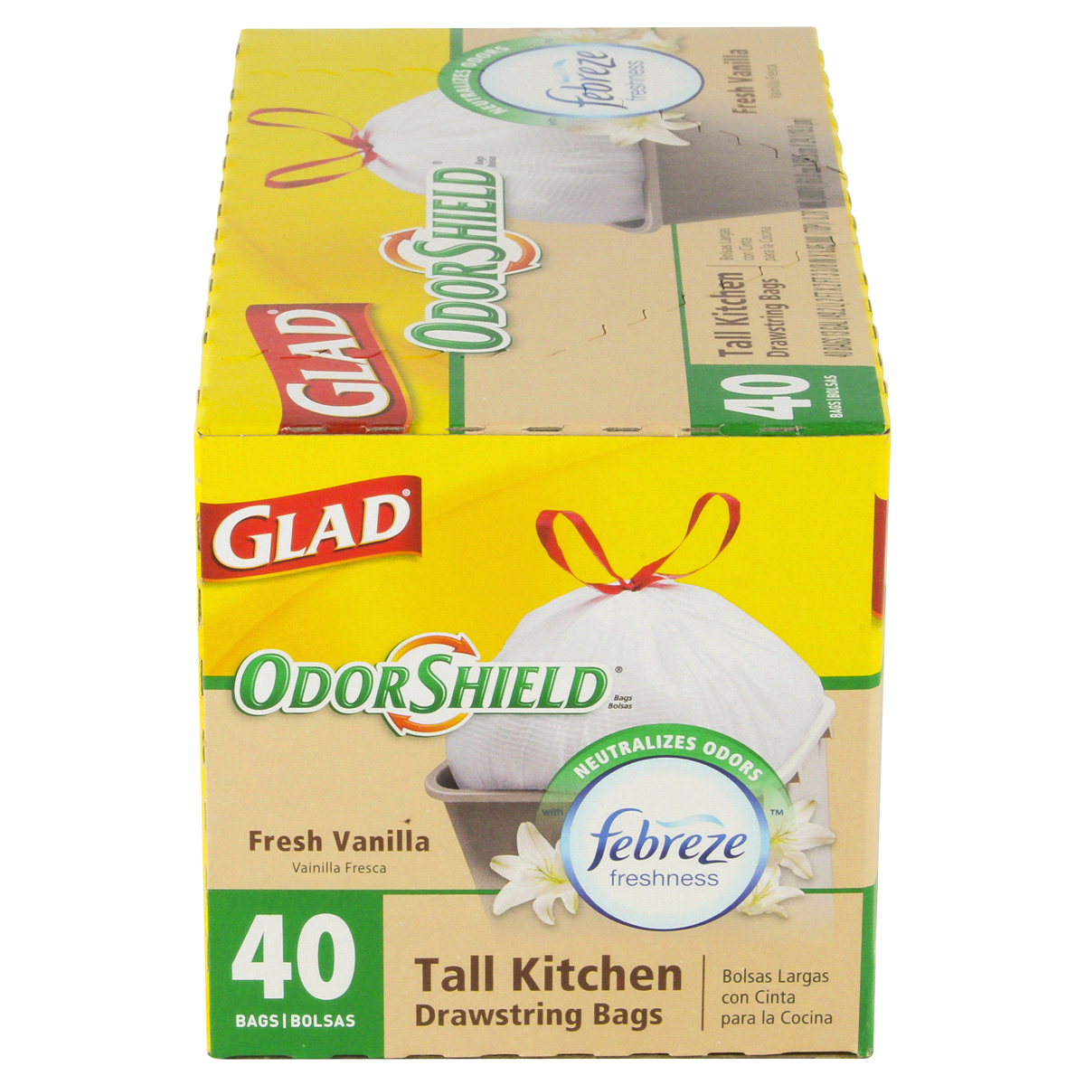 slide 6 of 6, Glad Odorshield Tall Kitchen Drawstring Trash Bags Vanilla, 40 ct