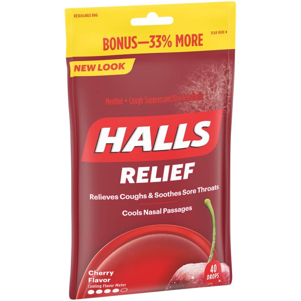 slide 3 of 5, Halls Cherry Mentholated Cough Drops, 40 ct
