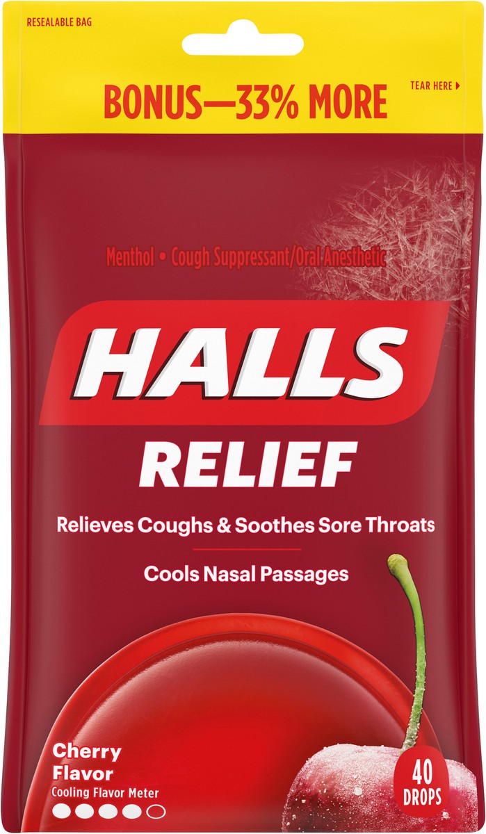 slide 8 of 9, HALLS Relief Cherry Cough Drops, 40 Drops, 40 ct