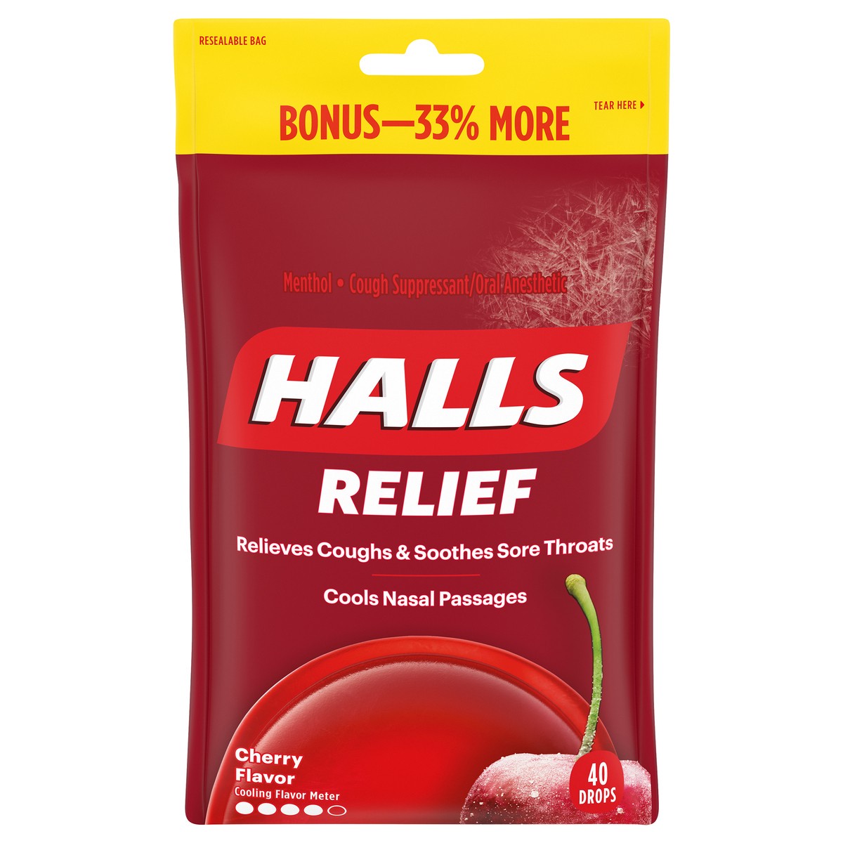 slide 1 of 9, Halls Relief Cherry Cough Suppressant/Oral Anesthetic Drops 40 ct Bag, 40 ct