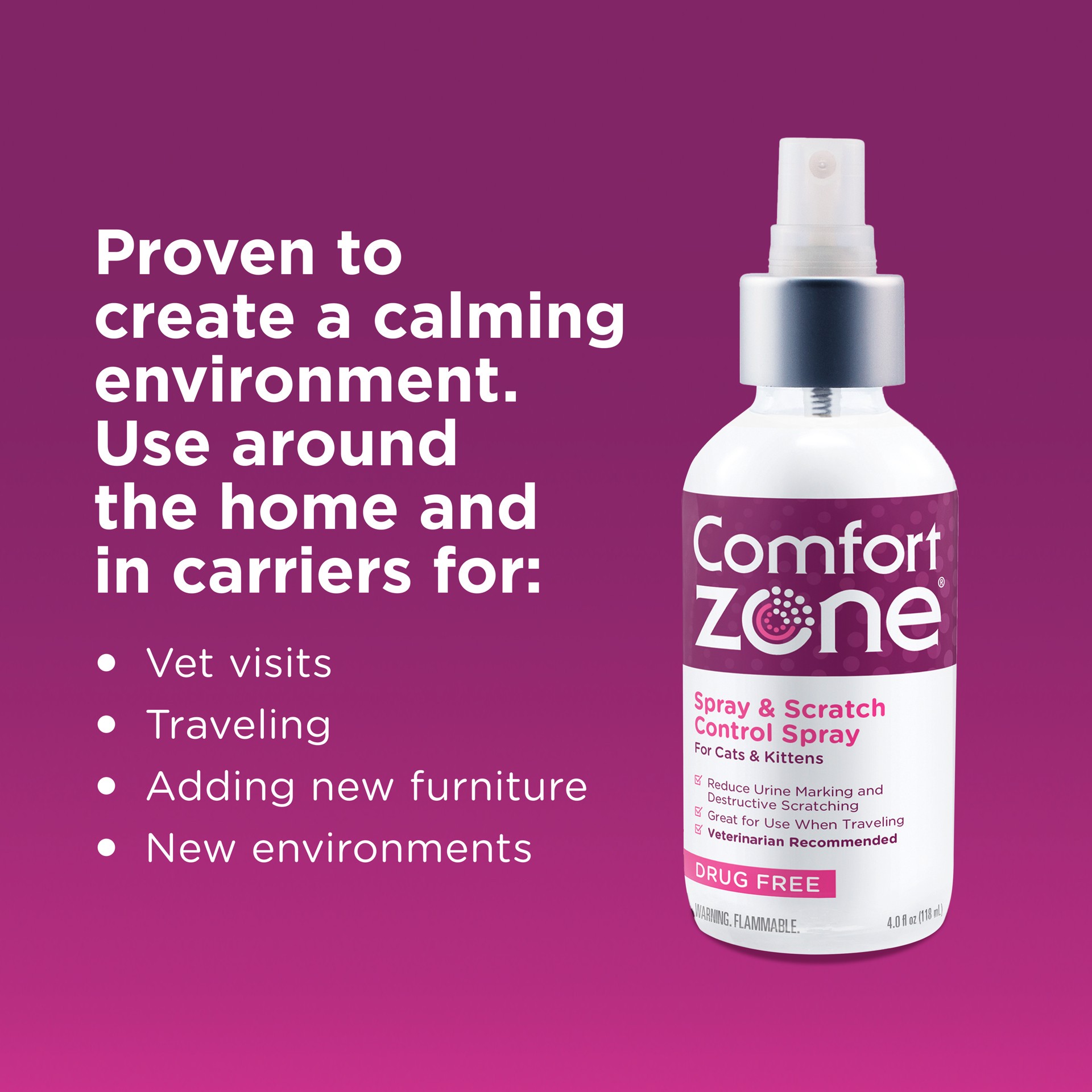 slide 6 of 6, Comfort Zone Scratch Deterrent and Cat Calming Spray, 2 ounces or 59.2 mL, 2 fl oz