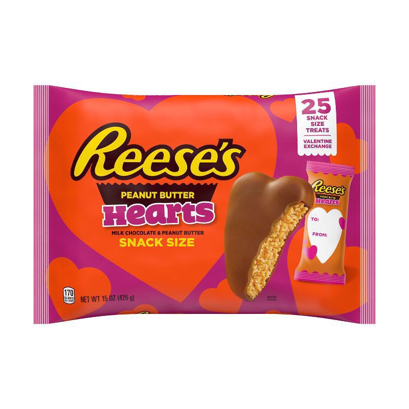 slide 1 of 8, REESE'S Milk Chocolate Peanut Butter Snack Size Hearts Candy, Valentine's Day, 15 oz, Bag (25 Pieces), 15 oz