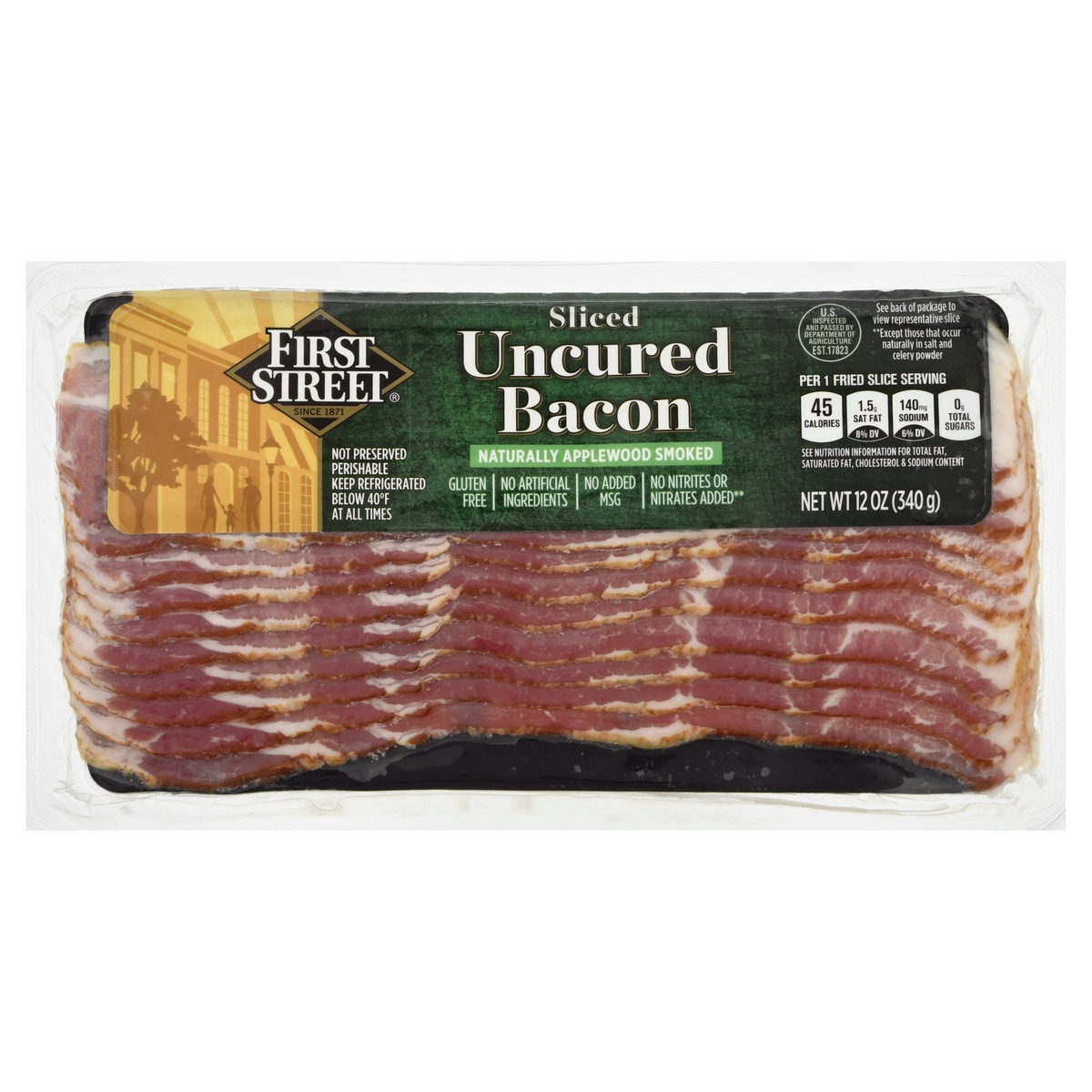 slide 1 of 1, First Street Uncured Applewood Smoked Sliced Bacon, 12 oz