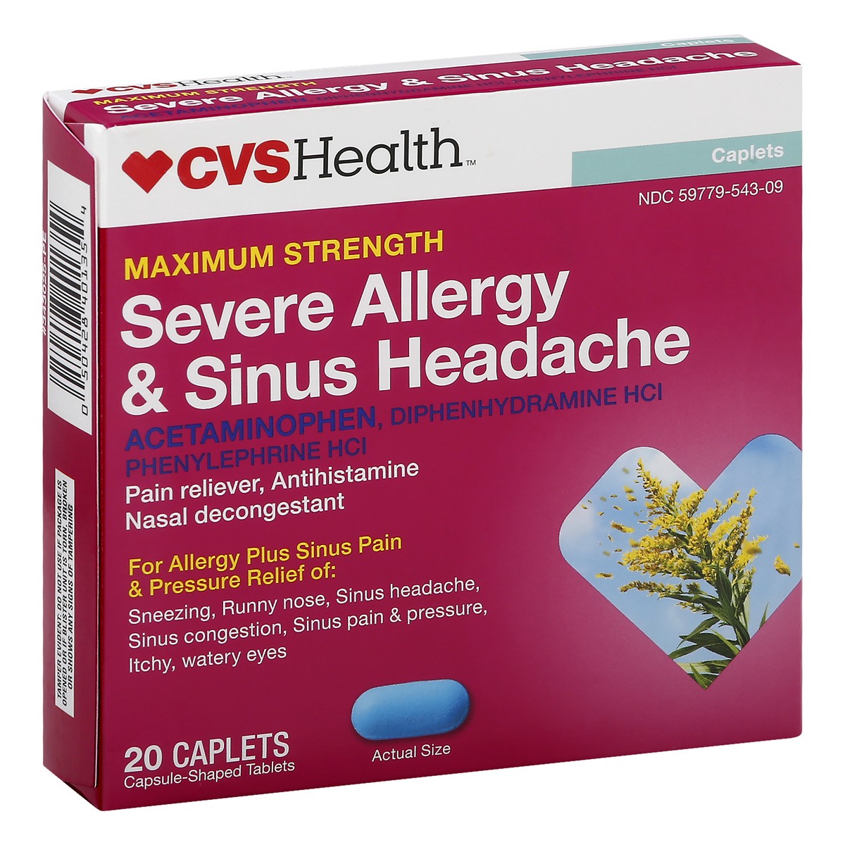 slide 5 of 11, CVS Health Maximum Strength Severe Allergy & Sinus Headache Acetaminophen Tablets, 20 Ct, 1 ct