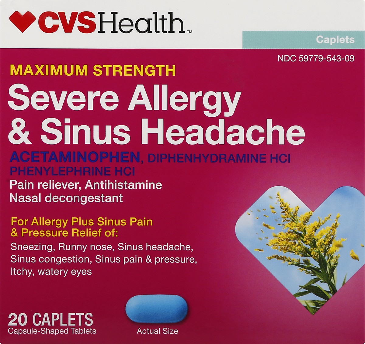 slide 1 of 11, CVS Health Maximum Strength Severe Allergy & Sinus Headache Acetaminophen Tablets, 20 Ct, 1 ct