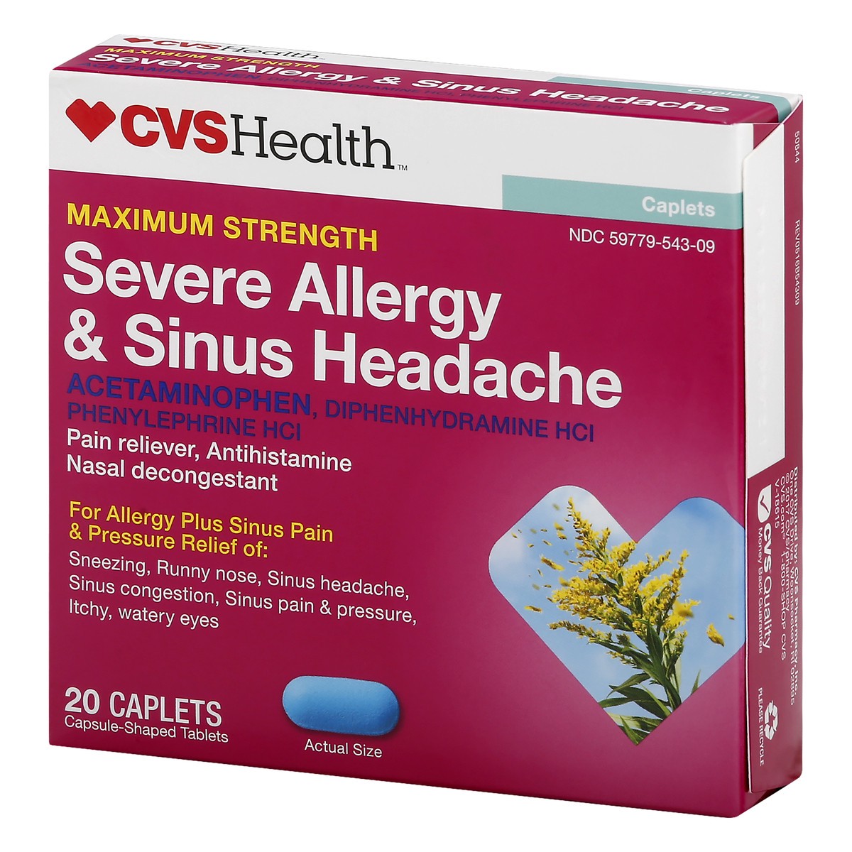 slide 3 of 11, CVS Health Maximum Strength Severe Allergy & Sinus Headache Acetaminophen Tablets, 20 Ct, 1 ct