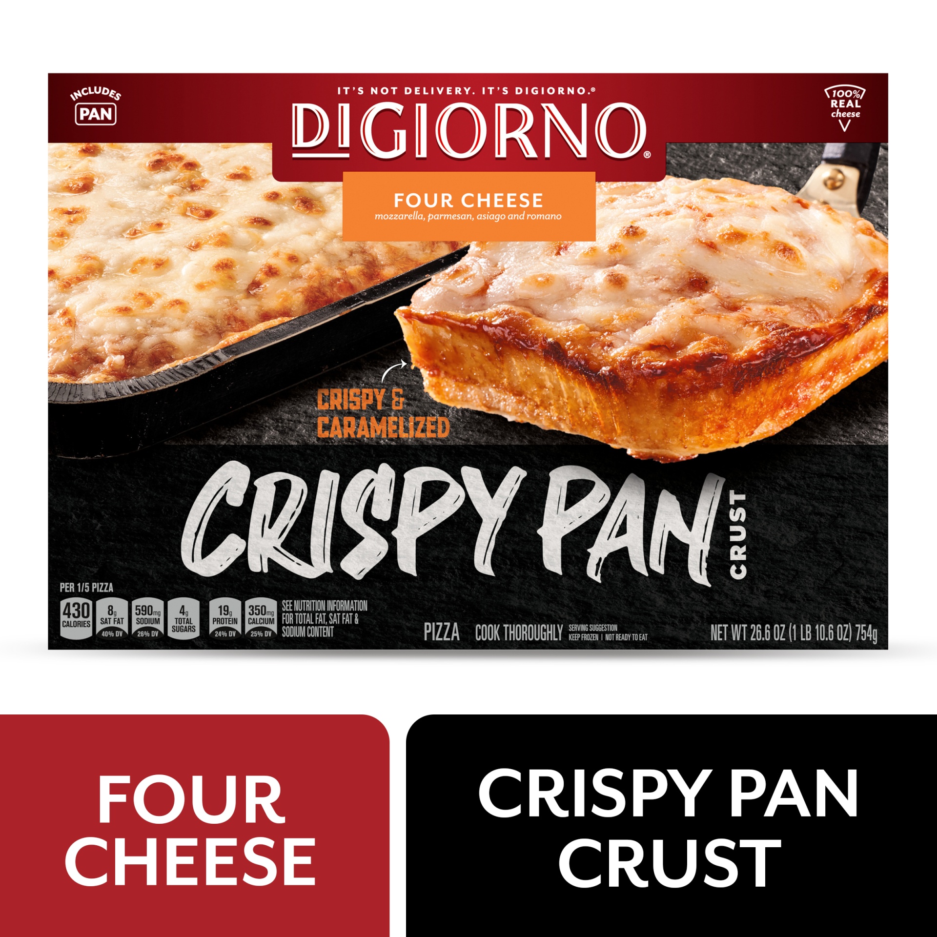 slide 1 of 1, DIGIORNO Four Cheese Frozen Pizza on a Crispy Pan Crust, 26.6 oz