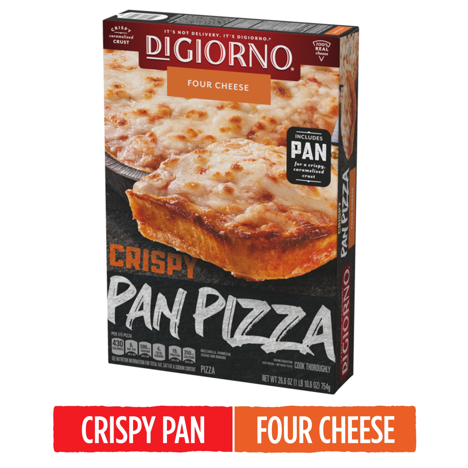 slide 1 of 12, DIGIORNO Four Cheese Frozen Pizza on a Crispy Pan Crust, 26.6 oz