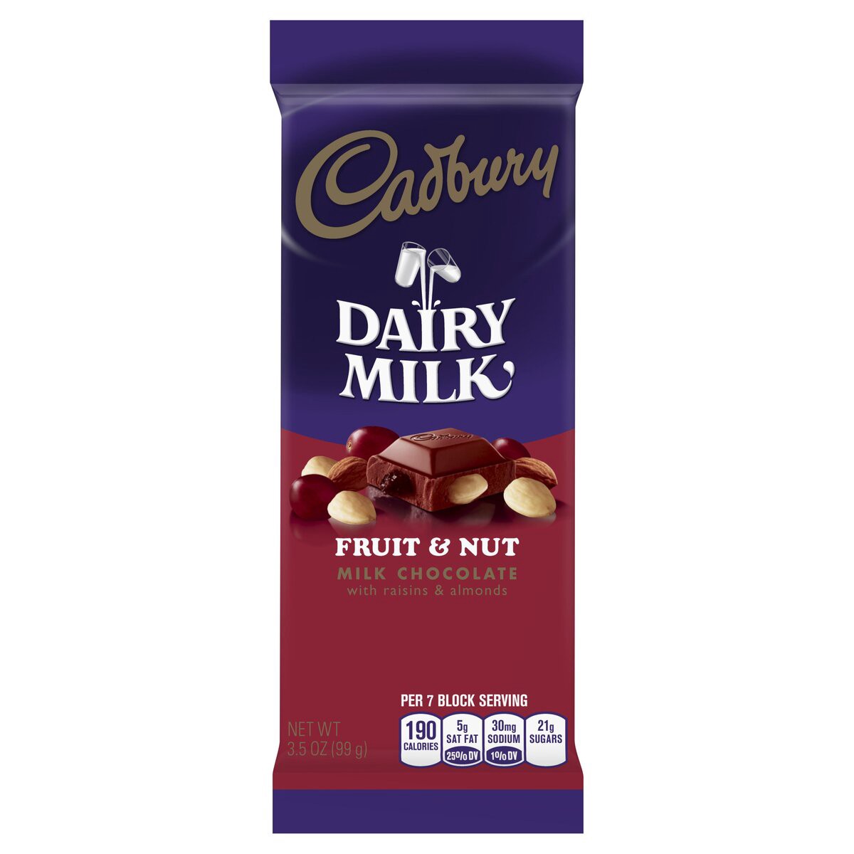 slide 1 of 72, Cadbury Candy Bar, Milk Chocolate with Raisins and Almonds, 3.5 oz