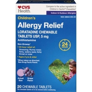 slide 1 of 1, Cvs Health Children's Allergy Relief Chewable Tablets, Grape, 20 Ct, 20 ct