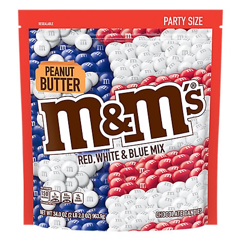 slide 1 of 1, M&Ms Candies Chocolate Red White & Blue Mix Patriotic Peanut Butter Party Size, 34 oz