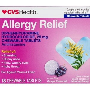 slide 1 of 1, CVS Health Allergy Relief Diphenhydramine Hydrochloride 25Mg Chewable Tablets, Grape, 18 Ct, 1 ct