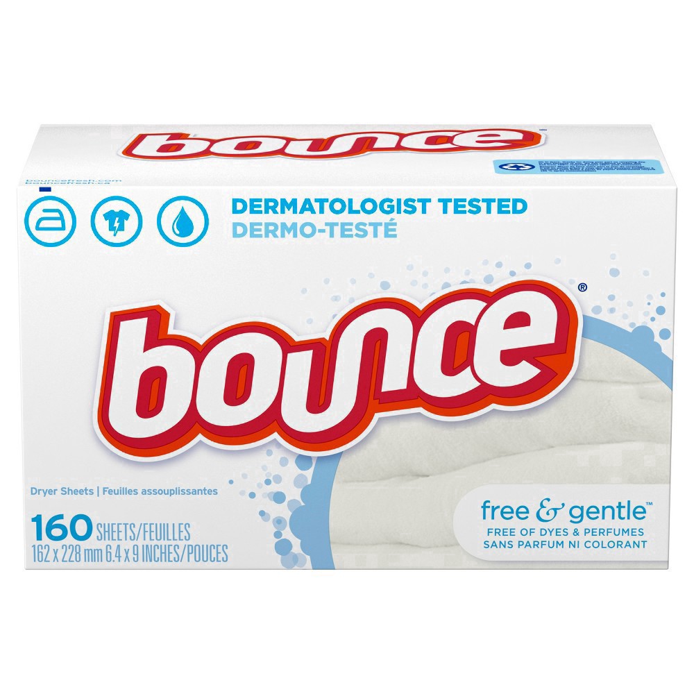 slide 13 of 16, Bounce Free & Gentle Dryer Sheets, 160 count, Unscented, Gentle on skin, Hypoallergenic Fabric Softener Sheets, Reduces Static, Softens and Fights Wrinkles, 160 ct