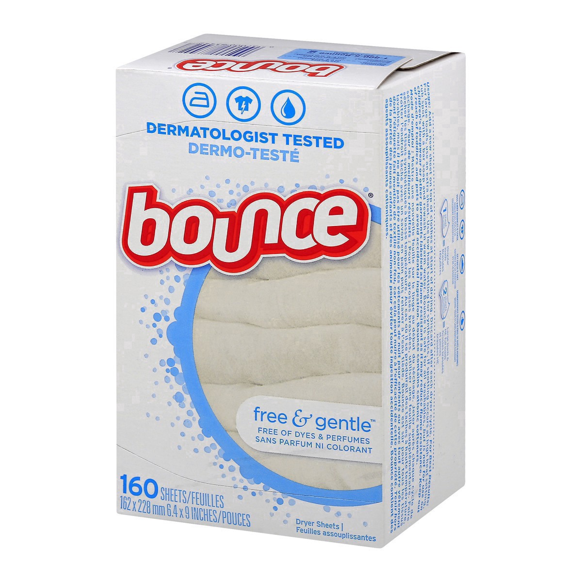 slide 6 of 16, Bounce Free & Gentle Dryer Sheets, 160 count, Unscented, Gentle on skin, Hypoallergenic Fabric Softener Sheets, Reduces Static, Softens and Fights Wrinkles, 160 ct