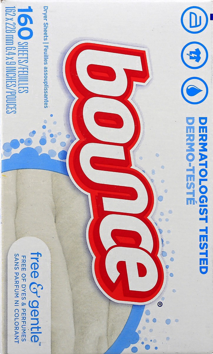 slide 14 of 16, Bounce Free & Gentle Dryer Sheets, 160 count, Unscented, Gentle on skin, Hypoallergenic Fabric Softener Sheets, Reduces Static, Softens and Fights Wrinkles, 160 ct