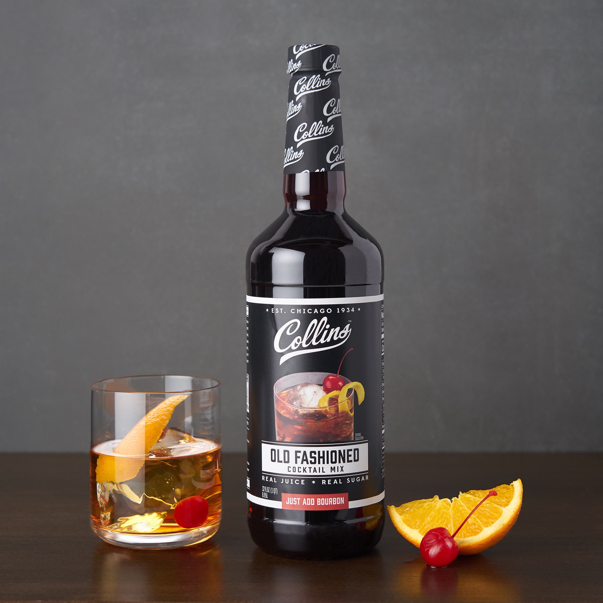 slide 2 of 4, Collins Old Fashioned Mix | Made With Real Brown and Sugar Cherry Juice With Natural Flavors | Classic Cocktail Recipe Ingredient, 32 fl oz, 32 oz