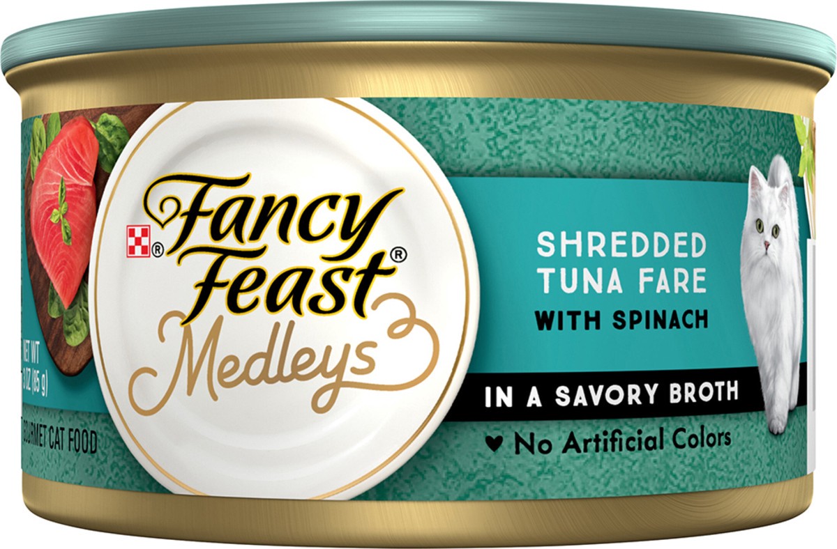 slide 5 of 7, Fancy Feast Purina Fancy Feast Cat Food Medleys Shredded Tuna Fare Wet Cat Food Recipe with Spinach in a Cat Food Broth, 3 oz