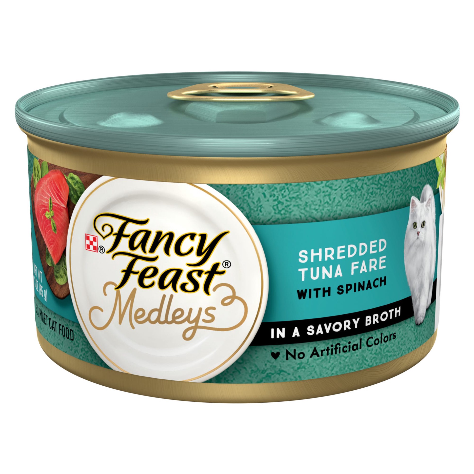 slide 1 of 7, Fancy Feast Purina Fancy Feast Cat Food Medleys Shredded Tuna Fare Wet Cat Food Recipe with Spinach in a Cat Food Broth, 3 oz