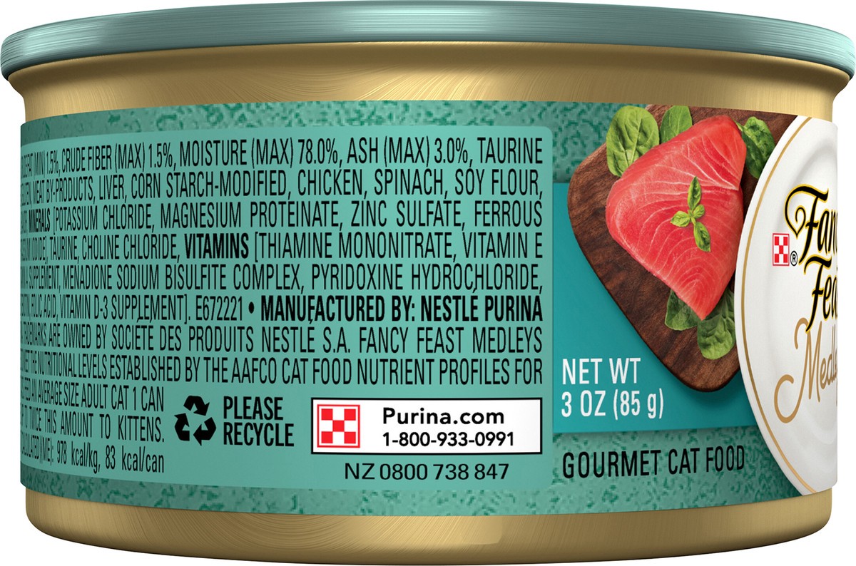 slide 2 of 7, Fancy Feast Purina Fancy Feast Cat Food Medleys Shredded Tuna Fare Wet Cat Food Recipe with Spinach in a Cat Food Broth, 3 oz