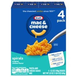 Kraft Spirals Mac and Cheese, 4 Boxes, for Easy Dinner or Dinner Sides, Original Flavor, No Artificial Flavors, Preservatives or Dyes, 5.5 oz