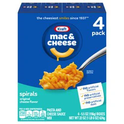 Kraft Spirals Mac and Cheese, 4 Boxes, for Easy Dinner or Dinner Sides, Original Flavor, No Artificial Flavors, Preservatives or Dyes, 5.5 oz
