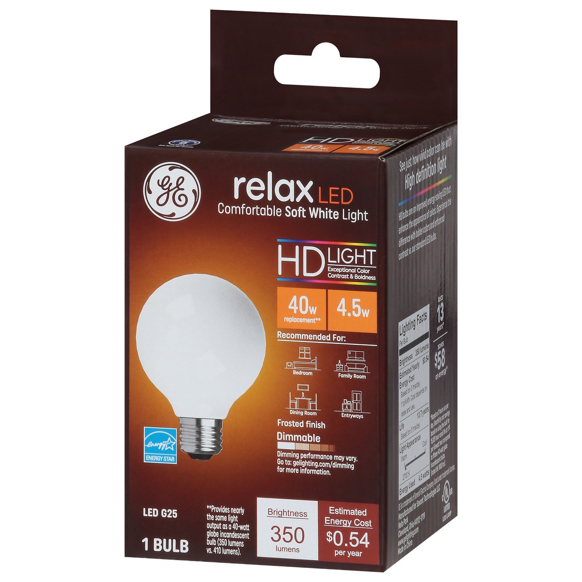 slide 9 of 9, GE Household Lighting Relax LED HD Globe Light Bulb 4.5W 40W Equivalent Soft White, 1 ct
