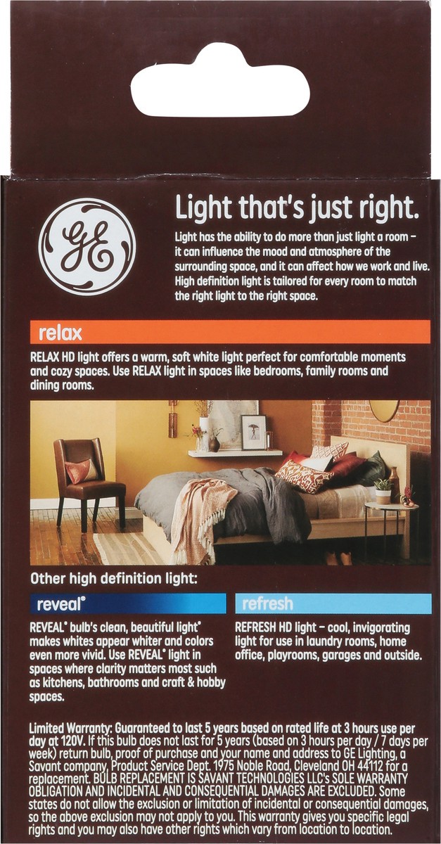 slide 8 of 9, GE Household Lighting Relax LED HD Globe Light Bulb 4.5W 40W Equivalent Soft White, 1 ct