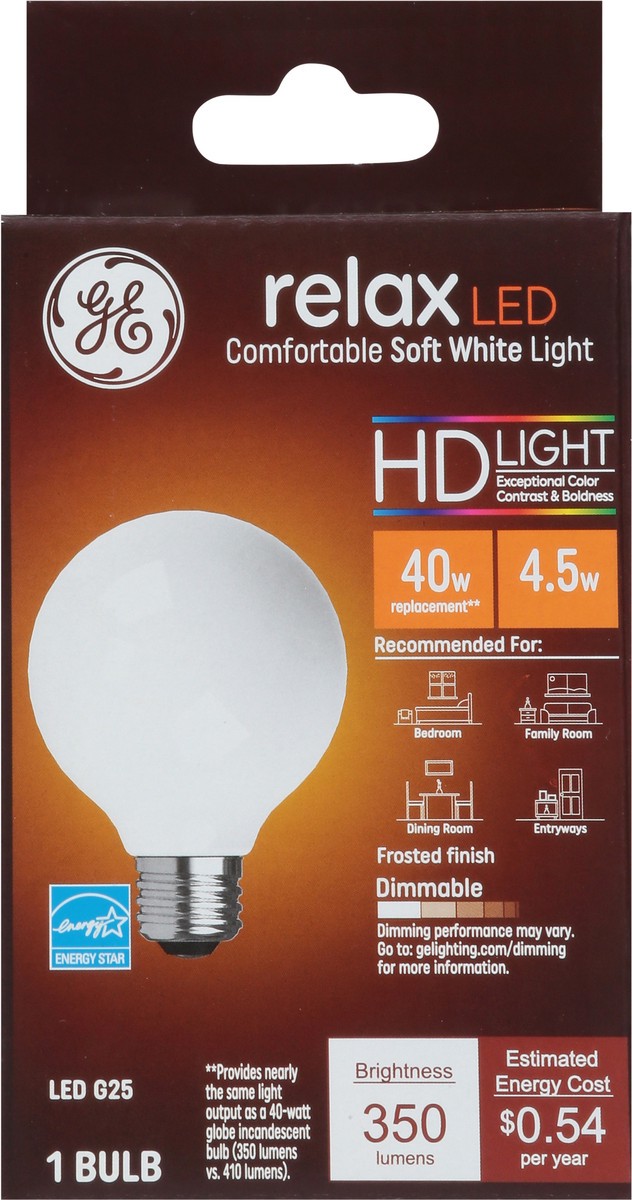 slide 3 of 9, GE Household Lighting Relax LED HD Globe Light Bulb 4.5W 40W Equivalent Soft White, 1 ct
