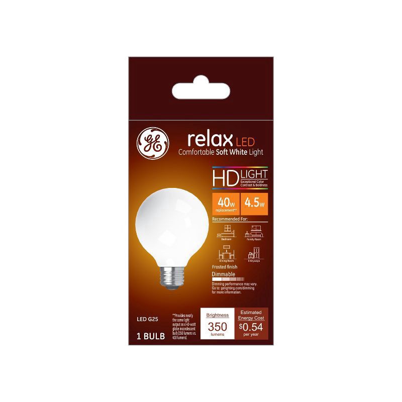 slide 1 of 9, GE Household Lighting Relax LED HD Globe Light Bulb 4.5W 40W Equivalent Soft White, 1 ct