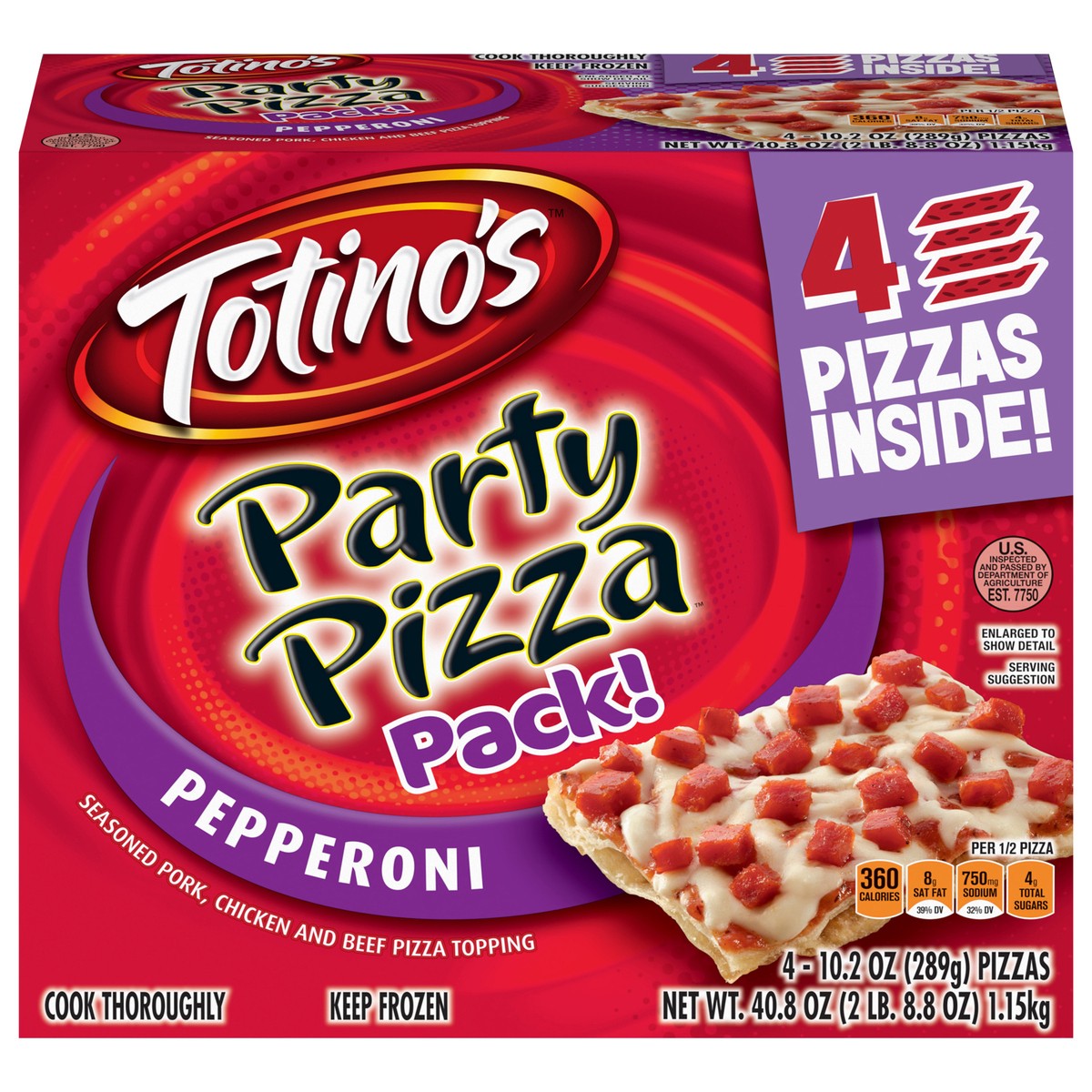 slide 1 of 13, Totino's Party Pizza, Pepperoni, Frozen Snacks, 4 Ct, 40.8 oz, 4 ct