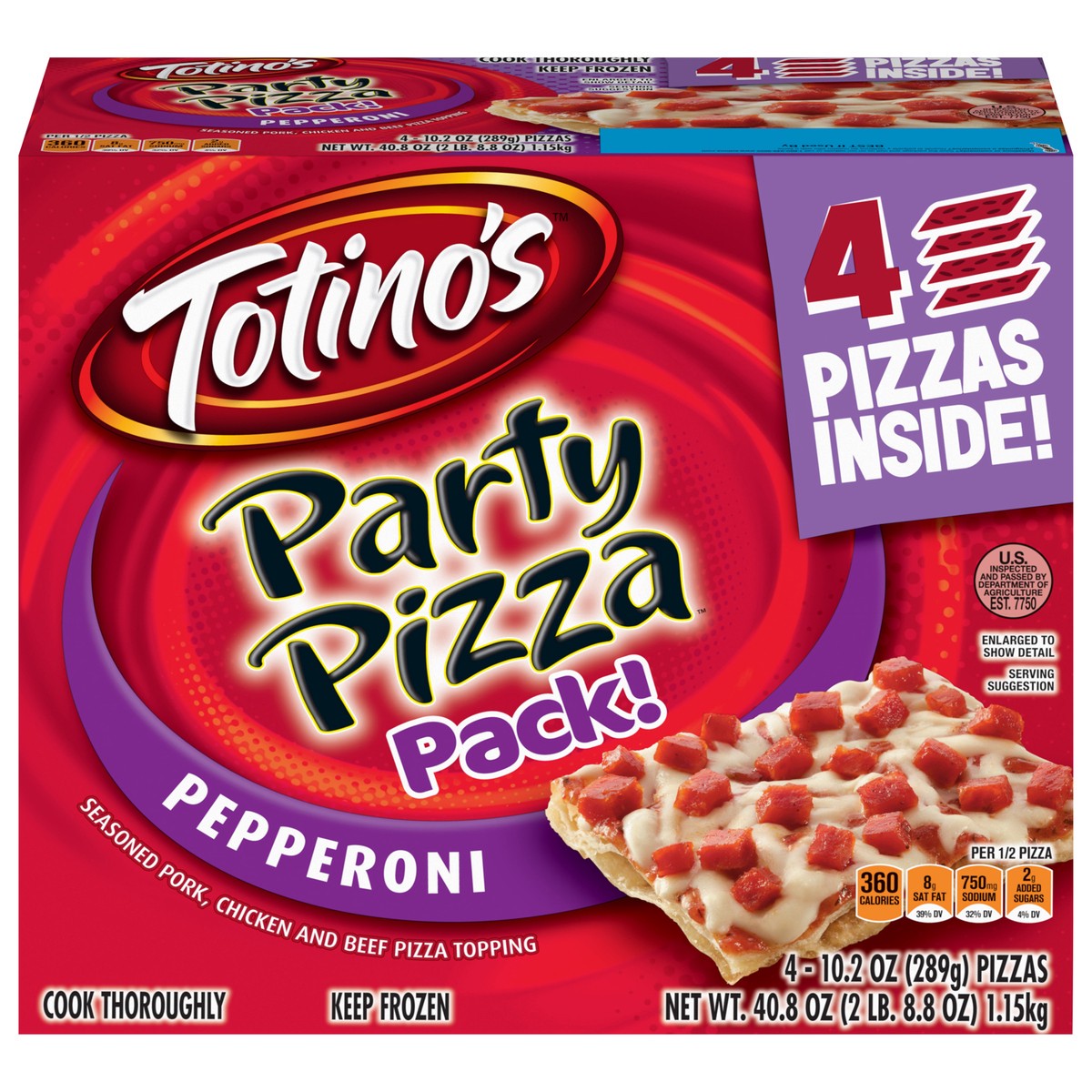 slide 1 of 13, Totino's Party Pizza, Pepperoni, Frozen Snacks, 4 Ct, 40.8 oz, 4 ct