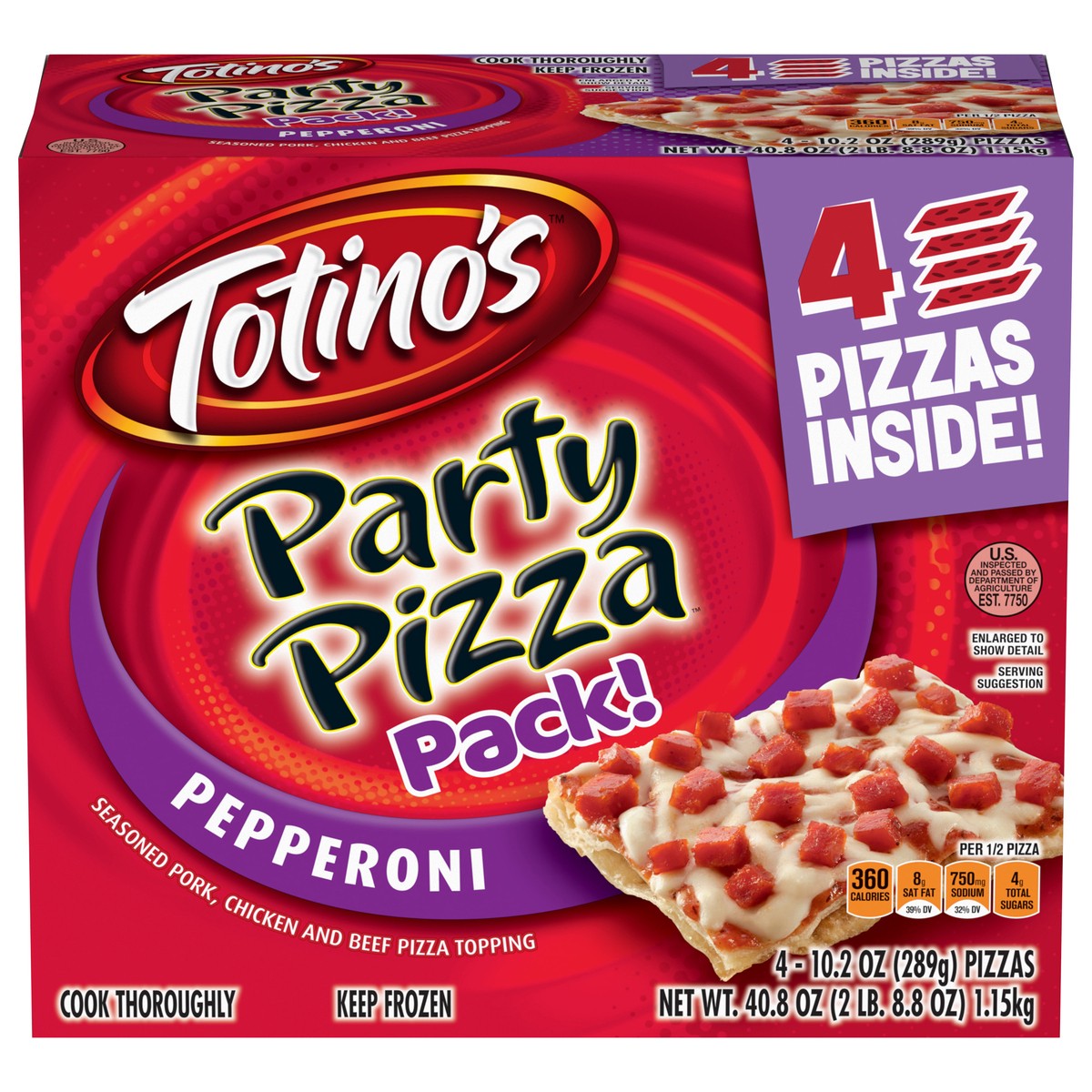 slide 1 of 13, Totino's Party Pizza, Pepperoni, Frozen Snacks, 4 Ct, 40.8 oz, 4 ct