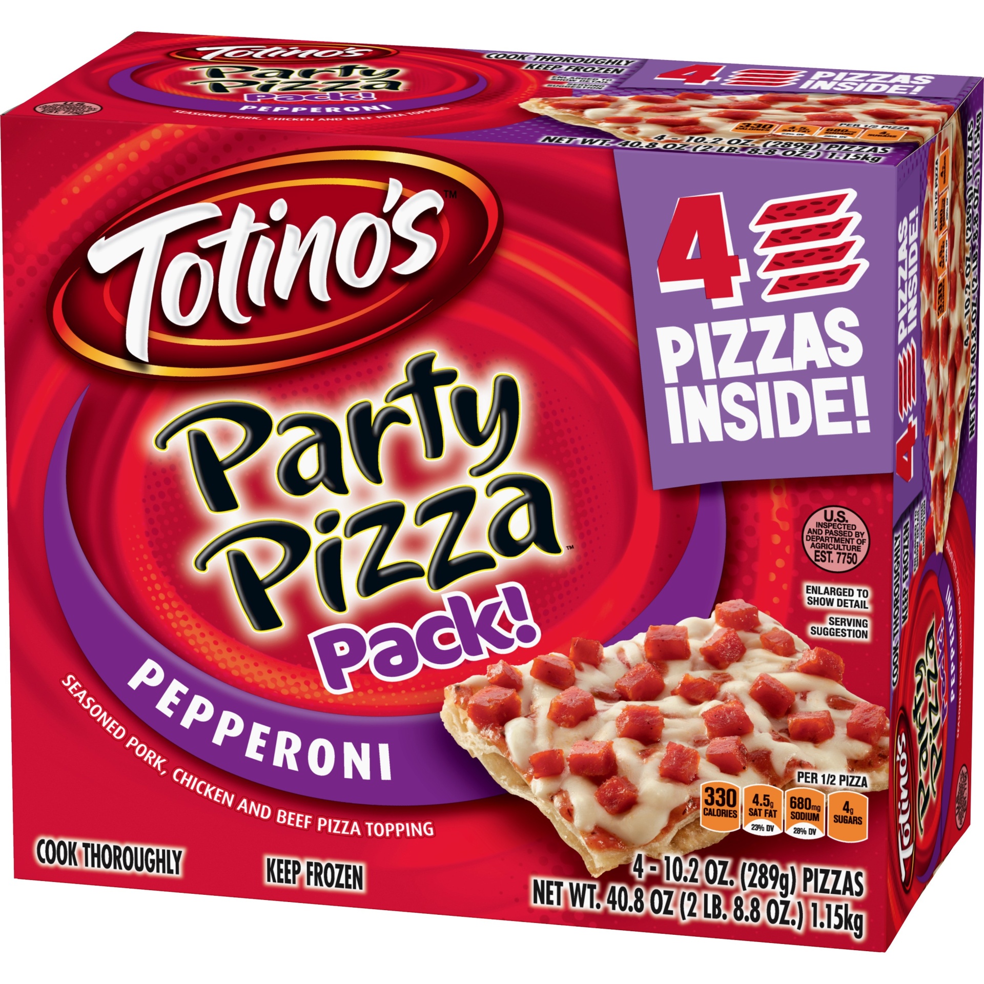 slide 1 of 10, Totino's Pepperoni Party Pizza Pack, 4 ct; 10.2 oz