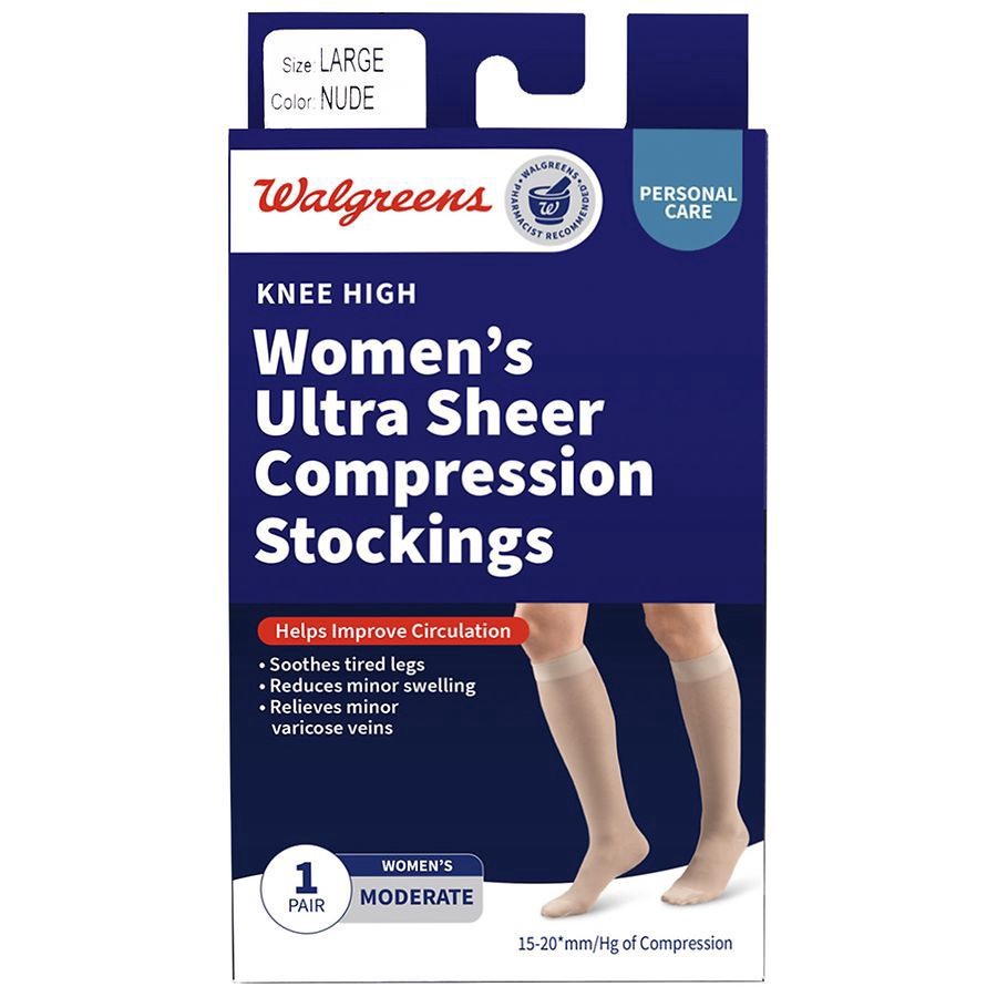 slide 1 of 5, Walgreens Knee High Women's Ultra Sheer Compression Stockings, Moderate Nude, large 1pair