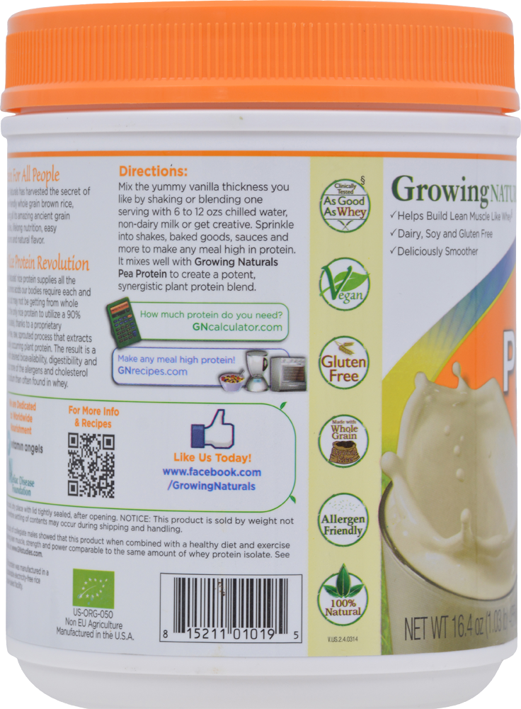 slide 2 of 2, Growing Naturals Vanilla Blast Organic Rice Protein Powder, 16.4 oz