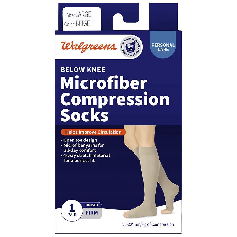 slide 1 of 2, Walgreens Below Knee Microfiber Compression Socks, Firm Beige, large 1pair