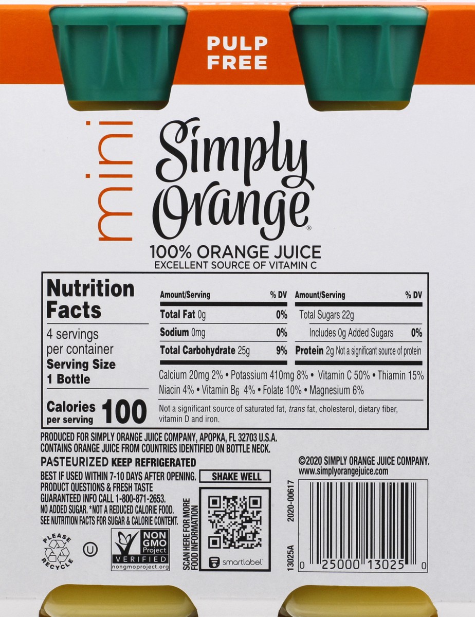 Simply Orange Pulp Free Juice Bottles, 8 fl oz, 4 Count