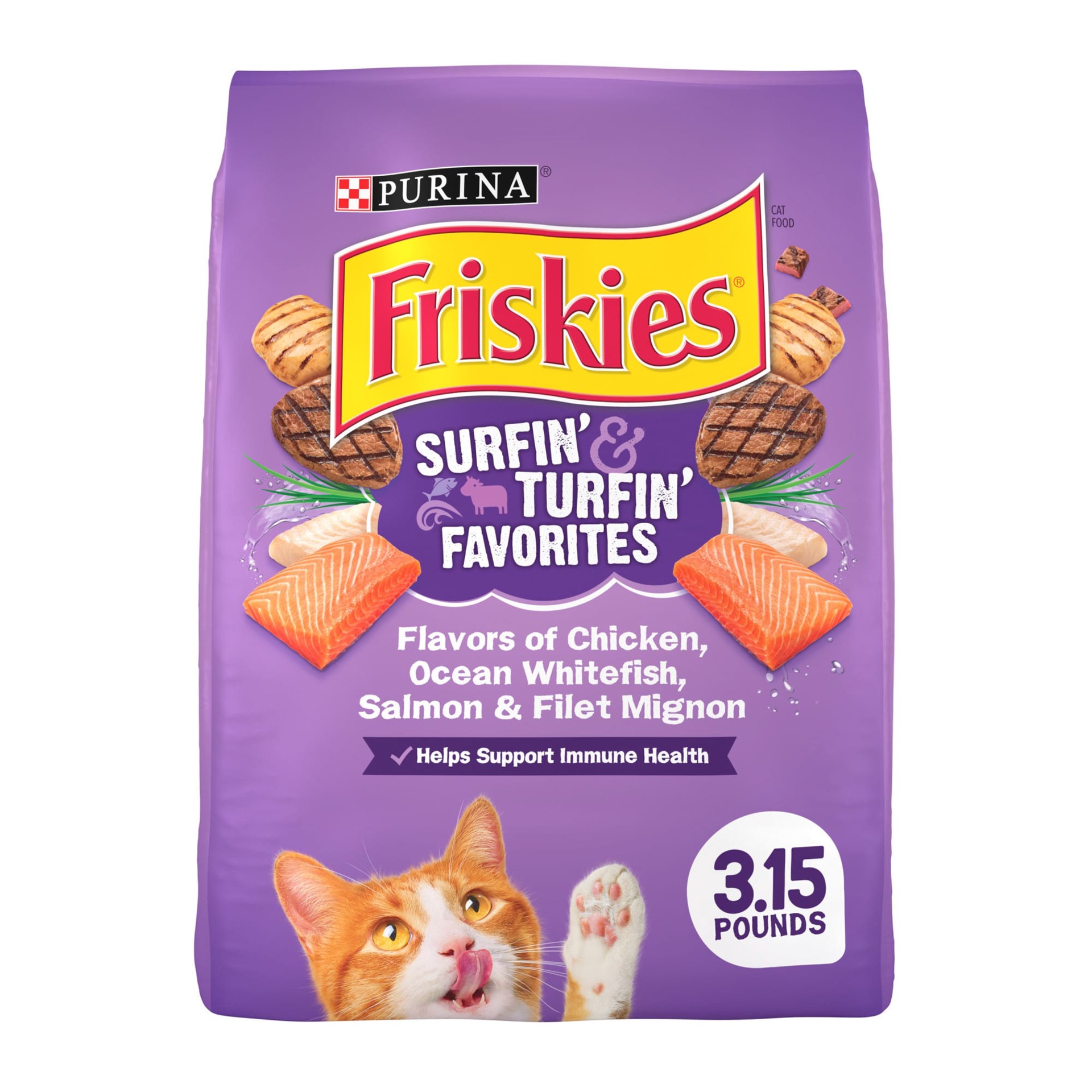 slide 1 of 9, Friskies Purina Friskies Dry Cat Food, Surfin' & Turfin' Favorites, 3.15 lb