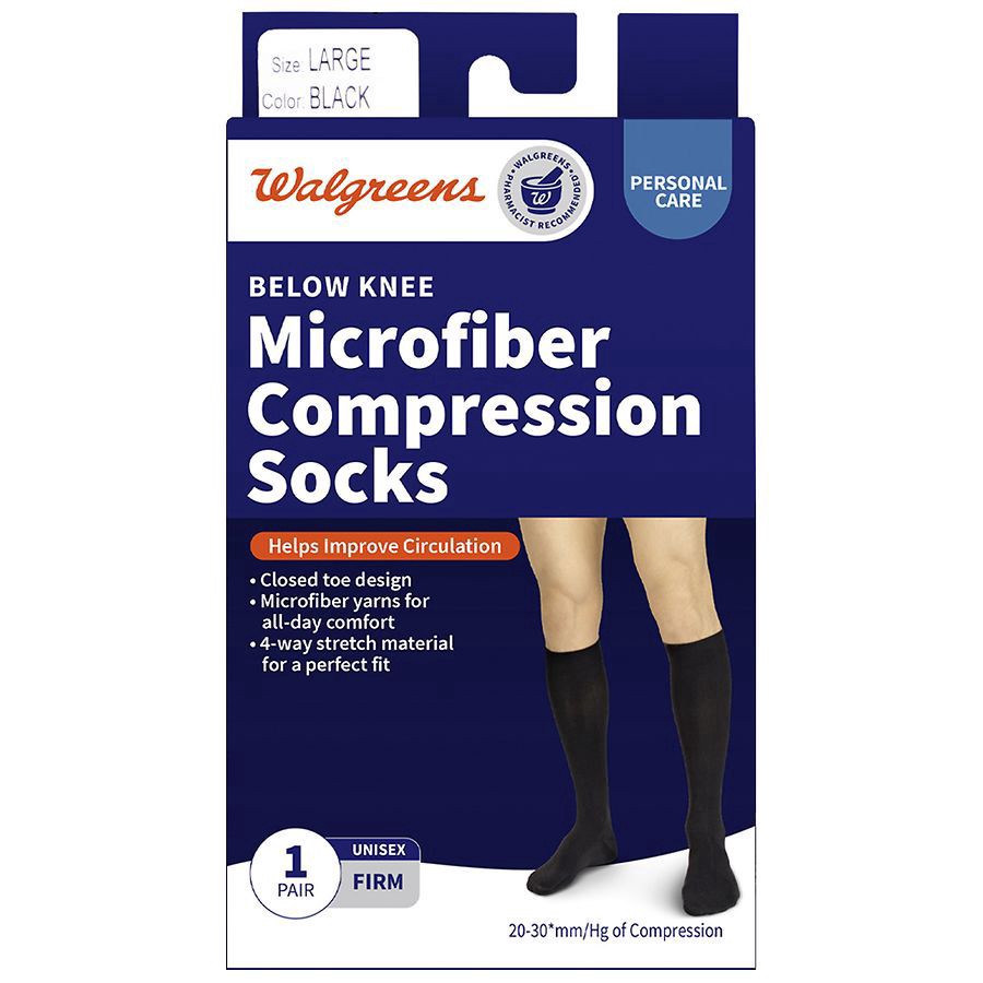 slide 1 of 5, Walgreens Below Knee Microfiber Compression Socks, Firm Black, large 1pair