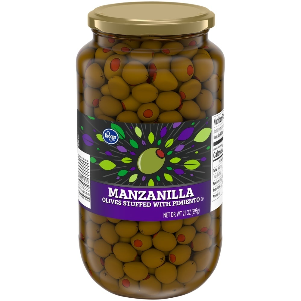 slide 1 of 1, Kroger Manzanilla Olives Stuffed with Pimiento, 21 oz