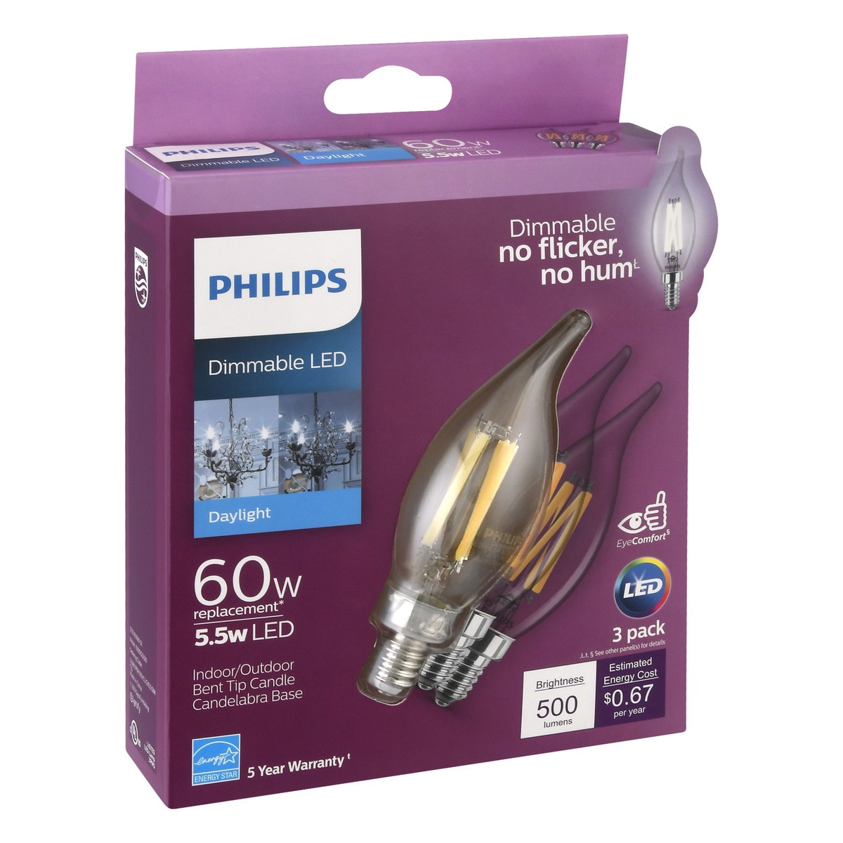 slide 4 of 9, Philips 3 Pack 5.5 Watts Dimmable LED Daylight Candelabra Light Bulbs 3 ea, 3 ct