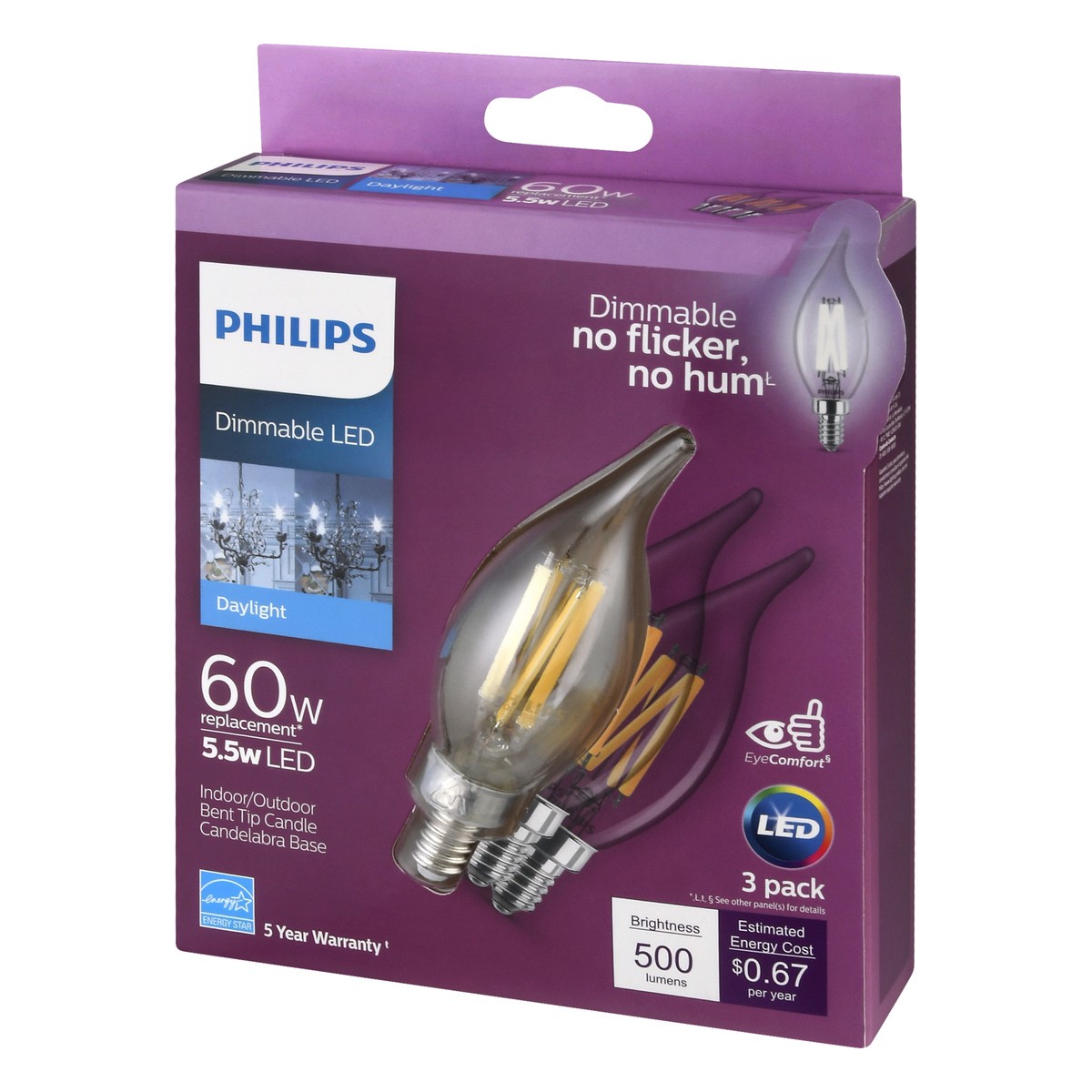 slide 2 of 9, Philips 3 Pack 5.5 Watts Dimmable LED Daylight Candelabra Light Bulbs 3 ea, 3 ct