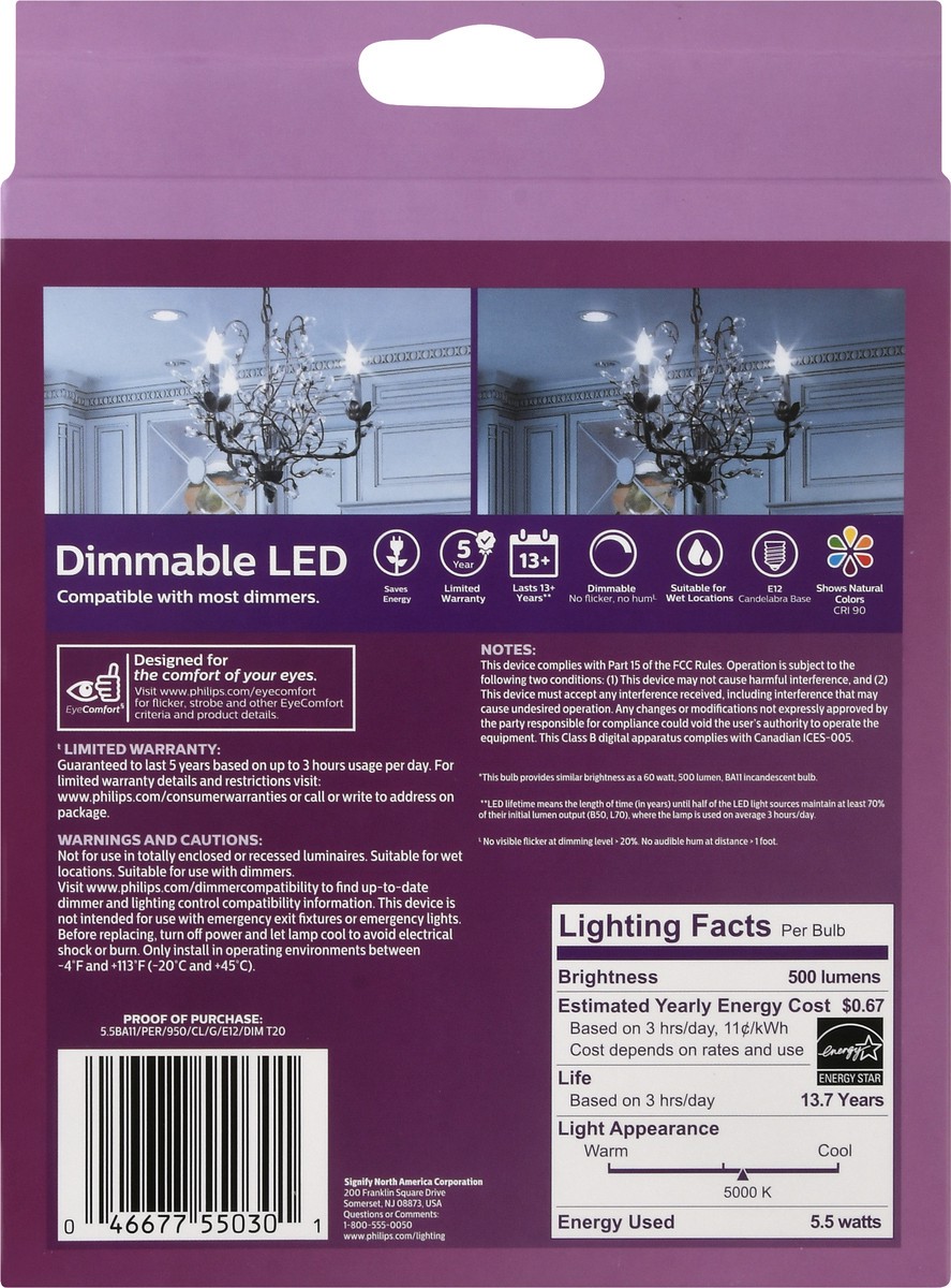 slide 9 of 9, Philips 3 Pack 5.5 Watts Dimmable LED Daylight Candelabra Light Bulbs 3 ea, 3 ct