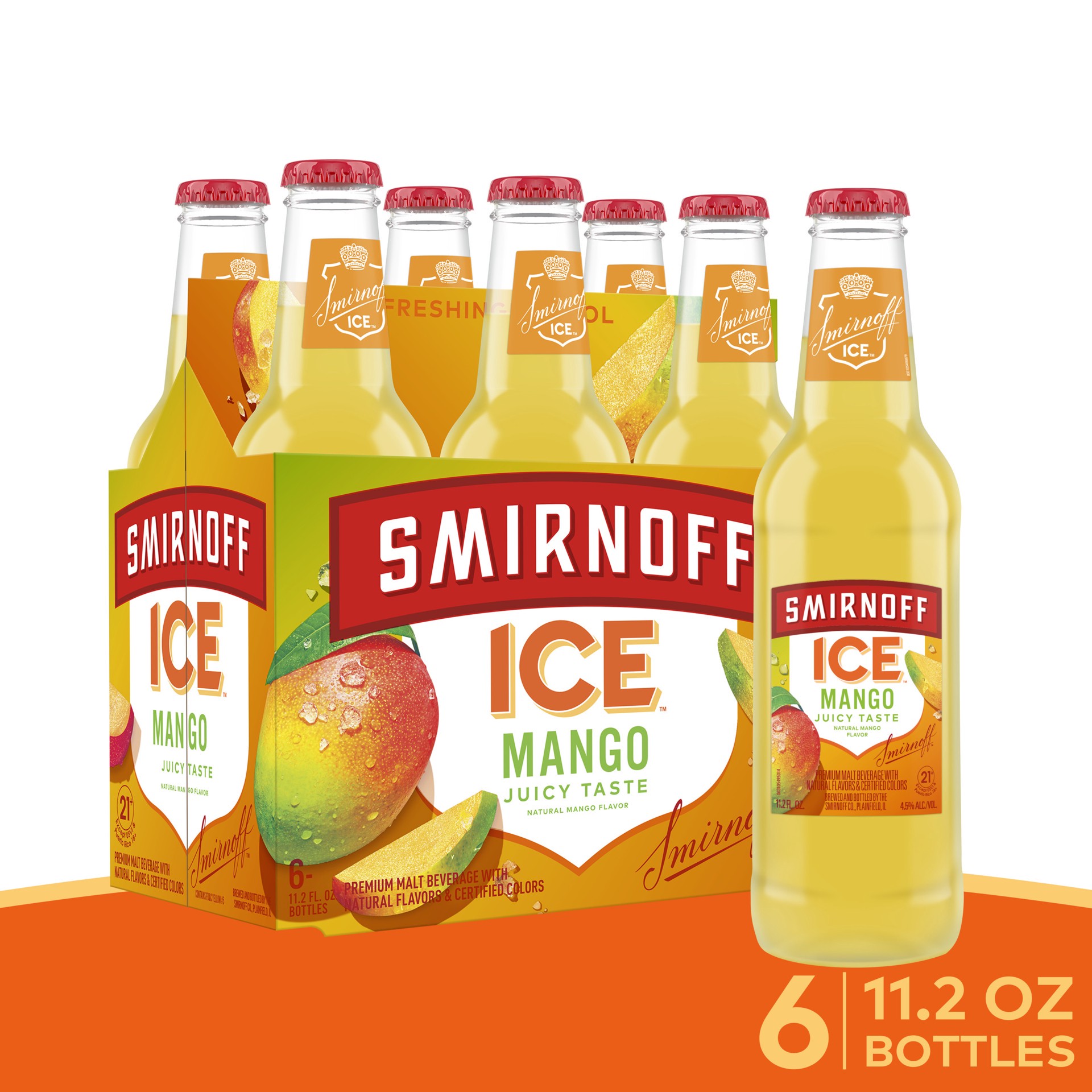 slide 1 of 10, Smirnoff Ice Mango, 11.2 fl oz, 6 Pack Bottles, 4.5% ABV, 11.2 fl oz