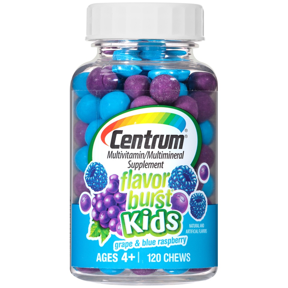 slide 1 of 1, Centrum Kids Flavor Burst Grape & Blue Raspberry Multivitamin Chews, 120 ct