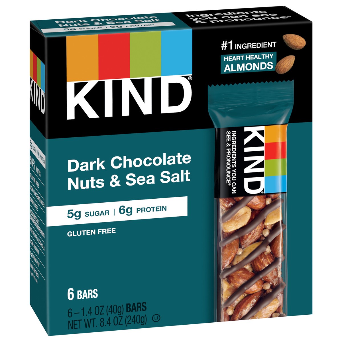 slide 2 of 6, KIND Healthy Snack Bar, Dark Chocolate Nuts & Sea Salt, 5g Sugar | 6g Protein, Gluten Free Bars, 1.4 OZ, 6 Count, 6 ct